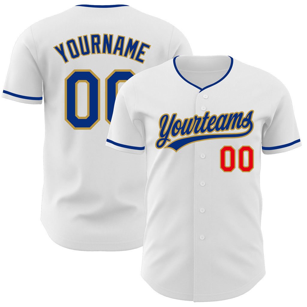 Custom White Fire Red Royal-Old Gold Authentic Baseball Jersey