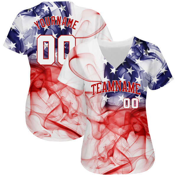 Custom White White-Red 3D American Flag Authentic Baseball Jersey