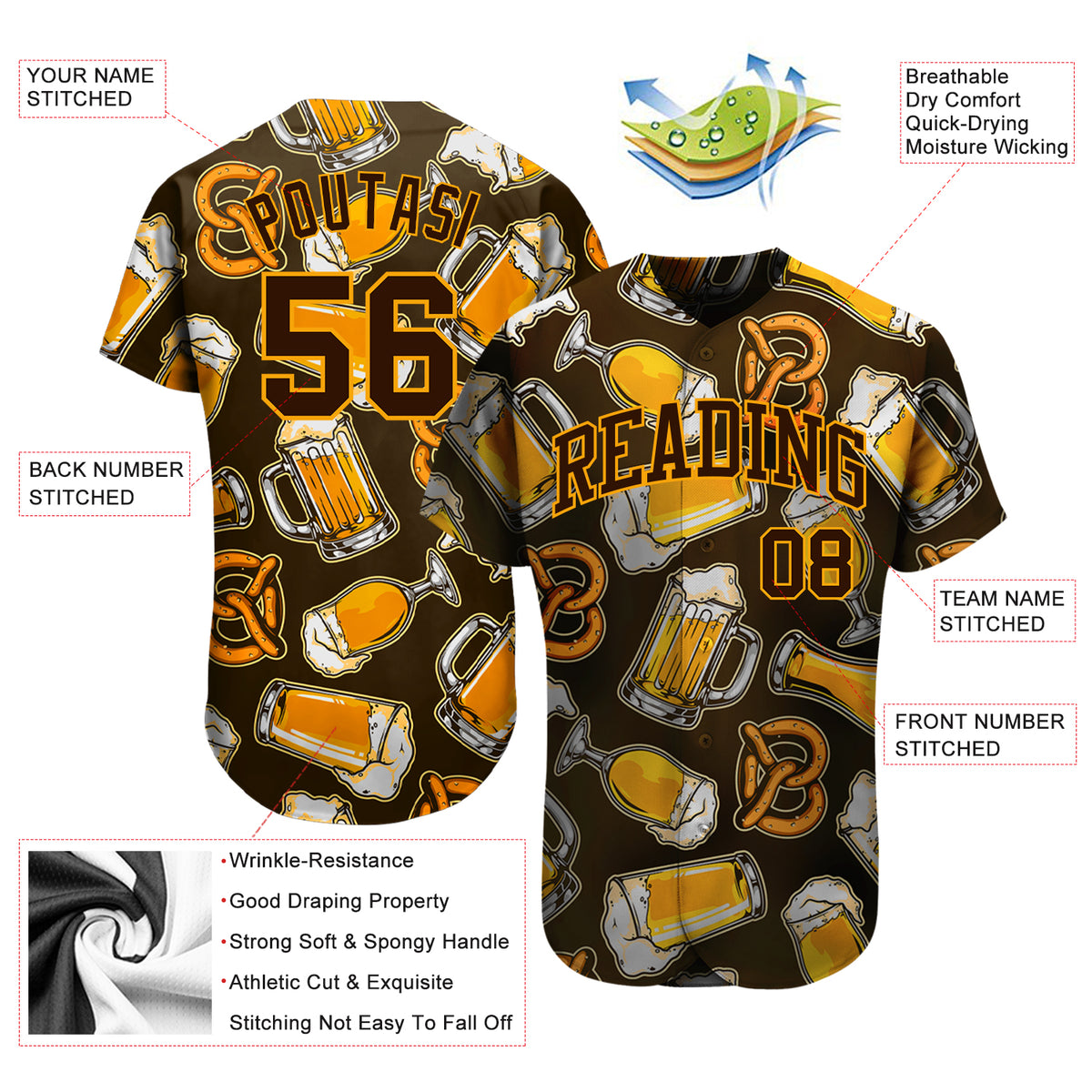 Custom 3D Pattern Design Beer Authentic Baseball Jersey Free Shipping ...