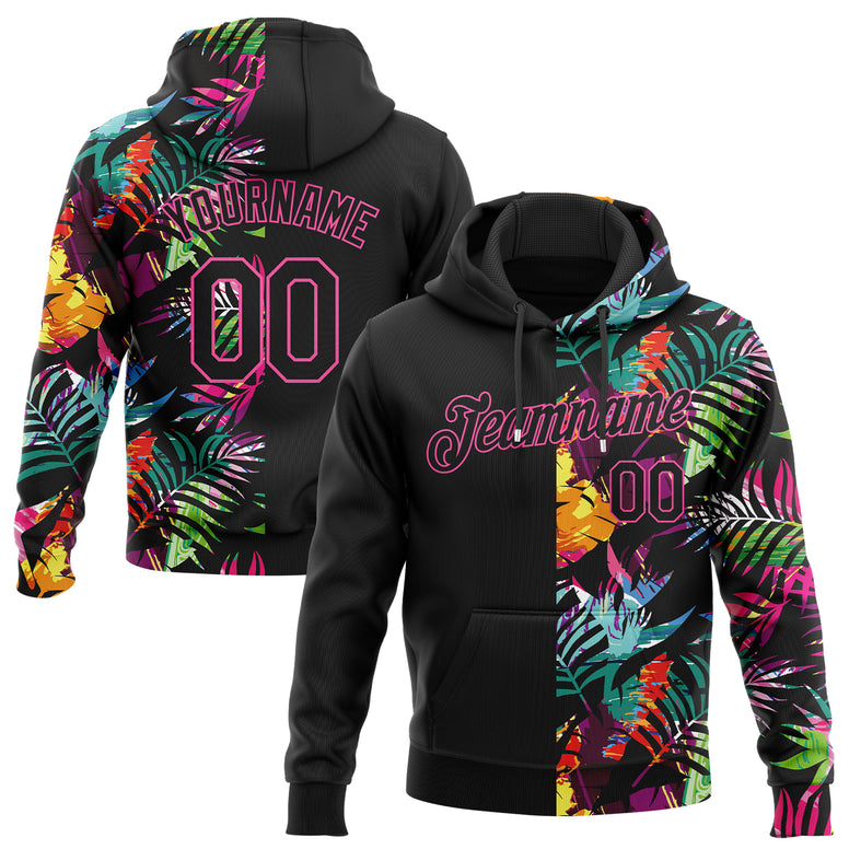Custom Stitched Black Black-Pink 3D Pattern Design Tropical Palm Leaves Sports Pullover Sweatshirt Hoodie