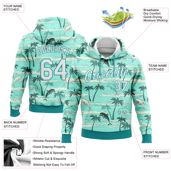 Custom Stitched Aqua White 3D Pattern Design Hawaii Palm Trees Sports Pullover Sweatshirt Hoodie