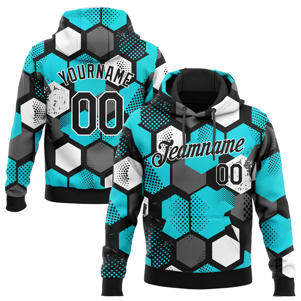 Custom Stitched Aqua Black-White 3D Pattern Design Sports Pullover Sweatshirt Hoodie