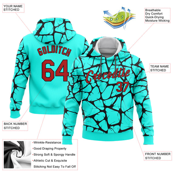 Custom Stitched Aqua Red-Black 3D Pattern Design Sports Pullover Sweatshirt Hoodie