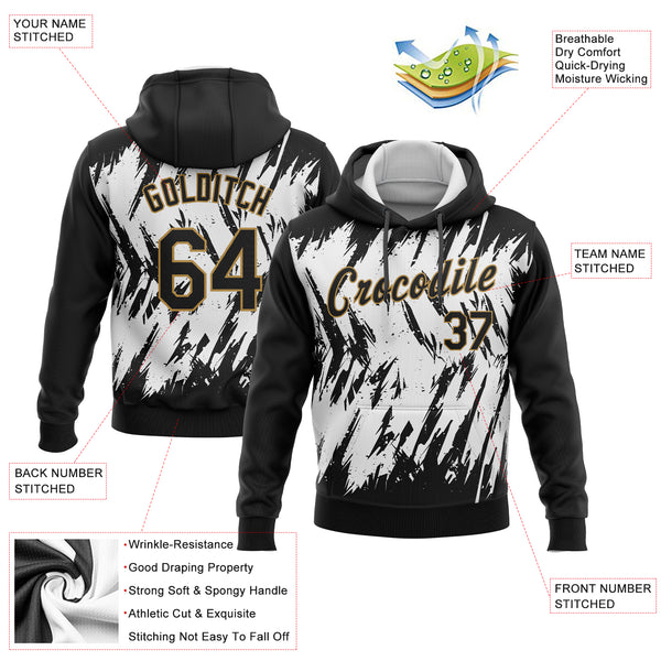 Custom Stitched White Black-Old Gold 3D Pattern Design Sports Pullover Sweatshirt Hoodie