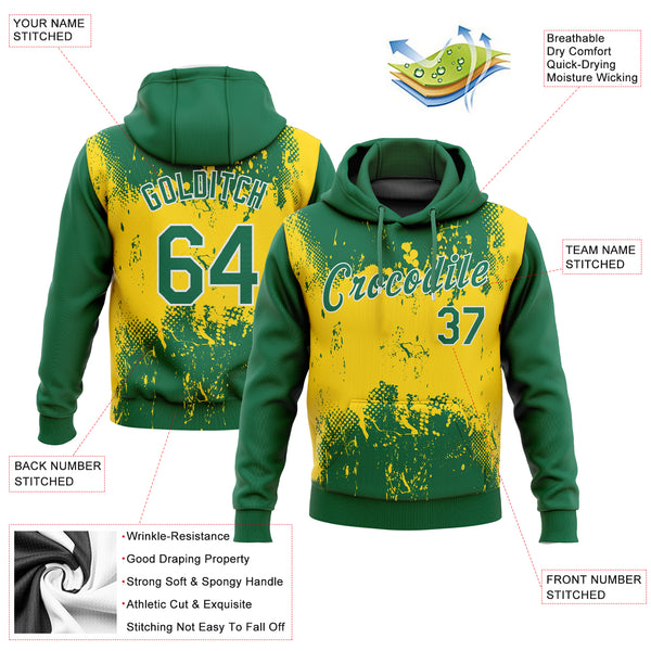 Custom Stitched Gold Kelly Green-White 3D Pattern Design Sports Pullover Sweatshirt Hoodie