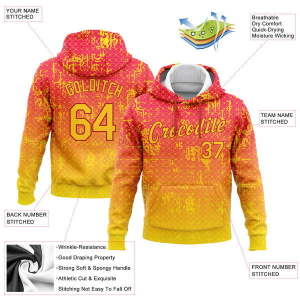 Custom Stitched Red Gold 3D Pattern Design Gradient Abstract Grid Line Sports Pullover Sweatshirt Hoodie