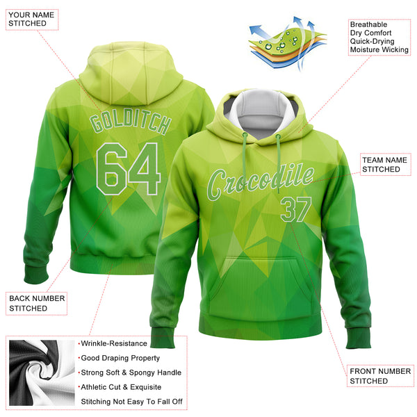 Custom Stitched Kelly Green Neon Green-White 3D Pattern Design Abstract Warm Geometric Pattern Sports Pullover Sweatshirt Hoodie