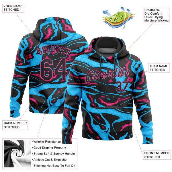 Custom Stitched Light Blue Black-Pink 3D Pattern Design Sports Pullover Sweatshirt Hoodie