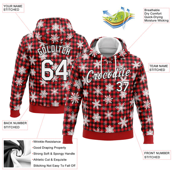 Custom Stitched Red White-Black 3D Christmas Plaid And Snow Sports Pullover Sweatshirt Hoodie