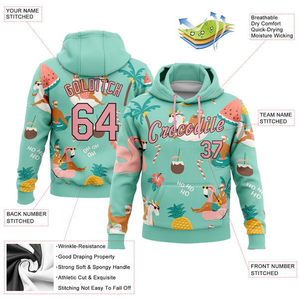 Custom Stitched Aqua Medium Pink-Brown 3D Tropical Christmas Santas With Reindeers And Flamingos Sports Pullover Sweatshirt Hoodie