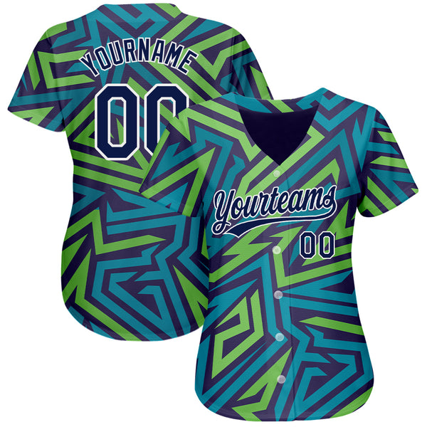 Custom Teal Navy-Kelly Green 3D Pattern Design Authentic Baseball Jersey