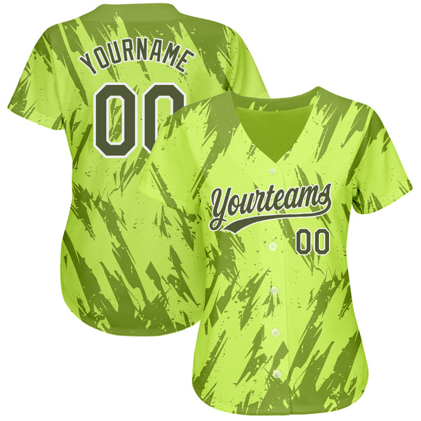 Custom Neon Green Olive-White 3D Pattern Design Authentic Baseball Jersey