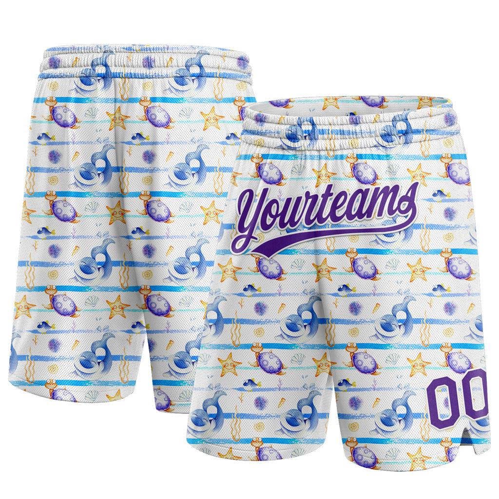 Custom White Purple 3D Pattern Starfishs And Sea Wave Authentic Basketball Shorts