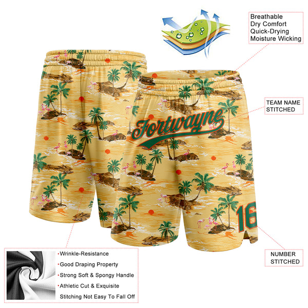Custom Yellow Kelly Green-Orange 3D Pattern Hawaii Palm Trees And Flamingo Authentic Basketball Shorts