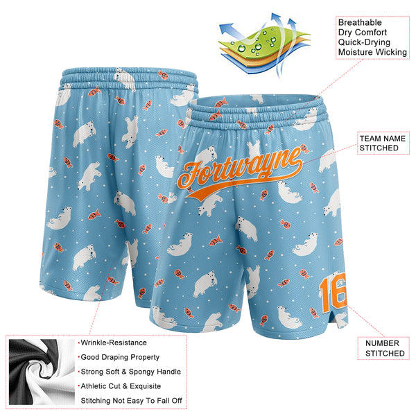 Custom Light Blue Bay Orange-White 3D Pattern Polar Bear And Fish Authentic Basketball Shorts