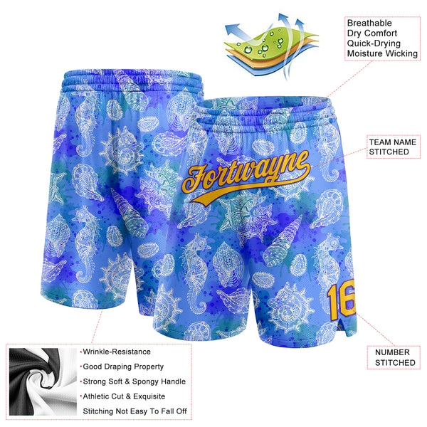 Custom Royal Yellow-Purple 3D Pattern Conch And Seahorse Authentic Basketball Shorts
