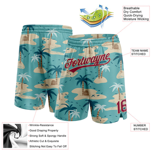 Custom Panther Blue Maroon-City Cream 3D Pattern Beach Hawaii Palm Trees Authentic Basketball Shorts