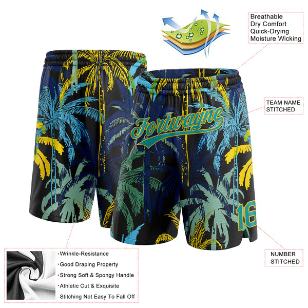 Custom Black Teal-Yellow 3D Pattern Hawaii Palm Trees Authentic Basketball Shorts