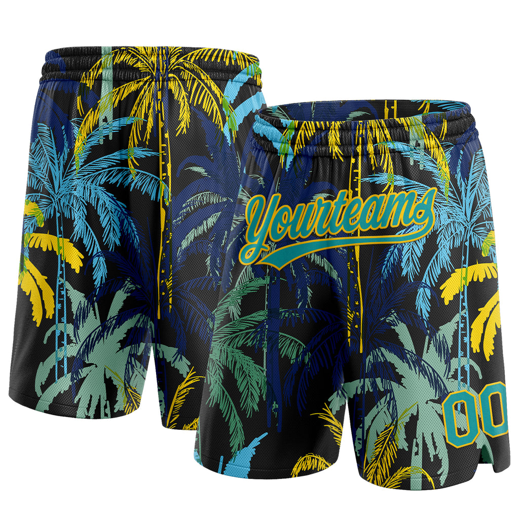 Custom Black Teal-Yellow 3D Pattern Hawaii Palm Trees Authentic Basketball Shorts