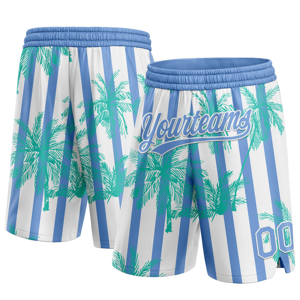 Custom White Light Blue 3D Pattern Hawaii Palm Trees Argentina Authentic Basketball Shorts
