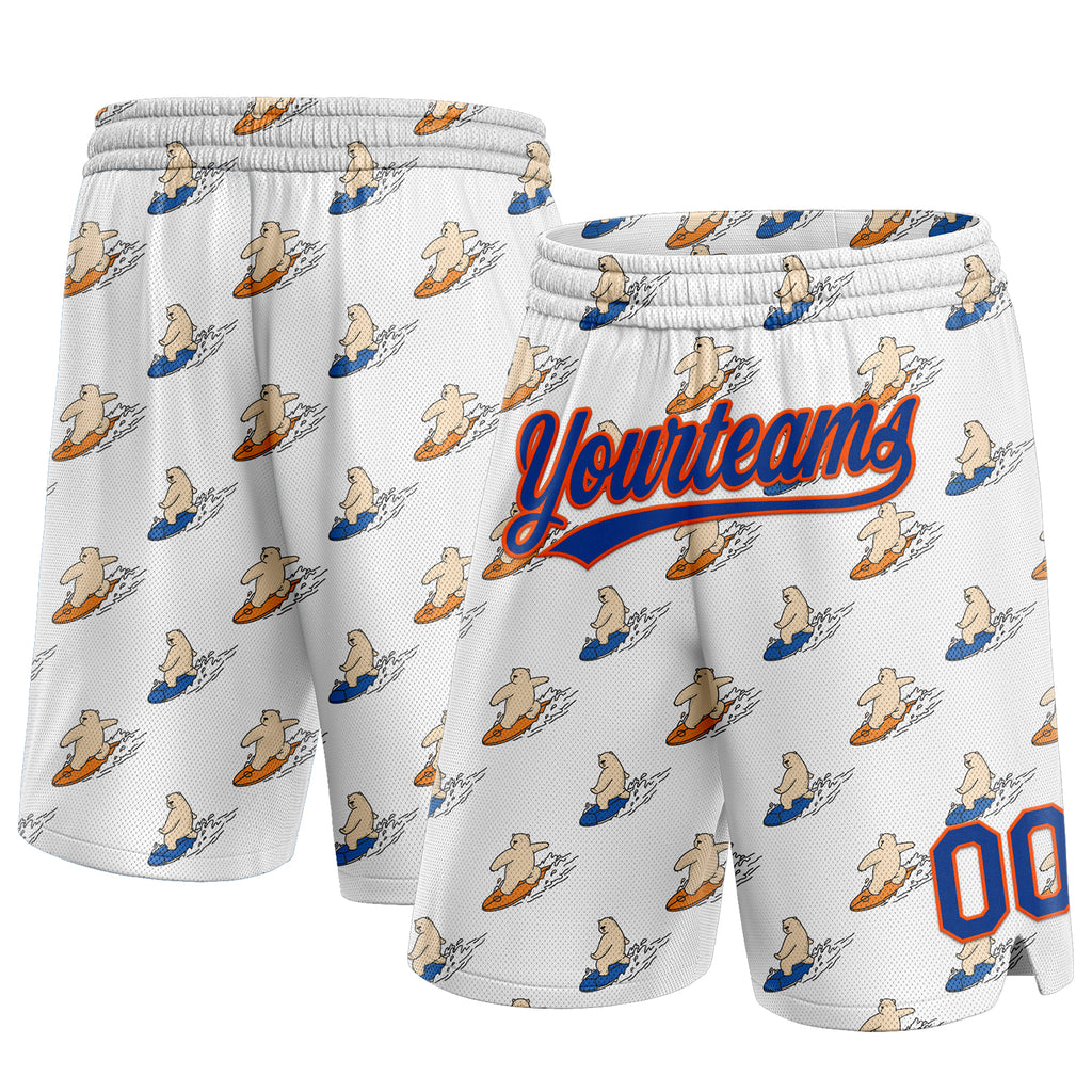 Custom White Royal-Orange 3D Pattern Bears Surfing Authentic Basketball Shorts