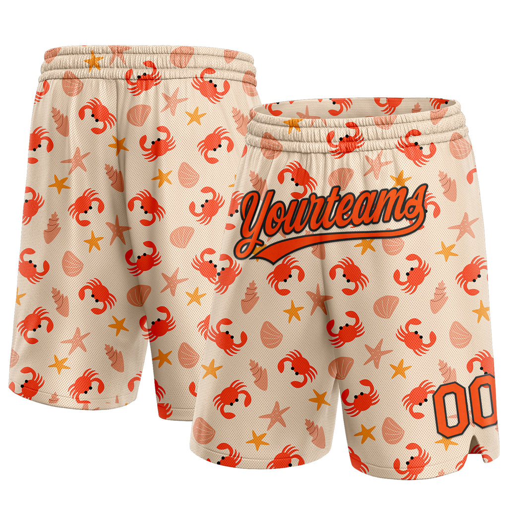 Custom Cream Orange-Black 3D Pattern Crabs Shells And Starfishs Authentic Basketball Shorts