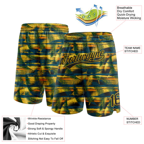 Custom Midnight Green Black-Yellow 3D Pattern Hawaii Palm Leaves Authentic Basketball Shorts
