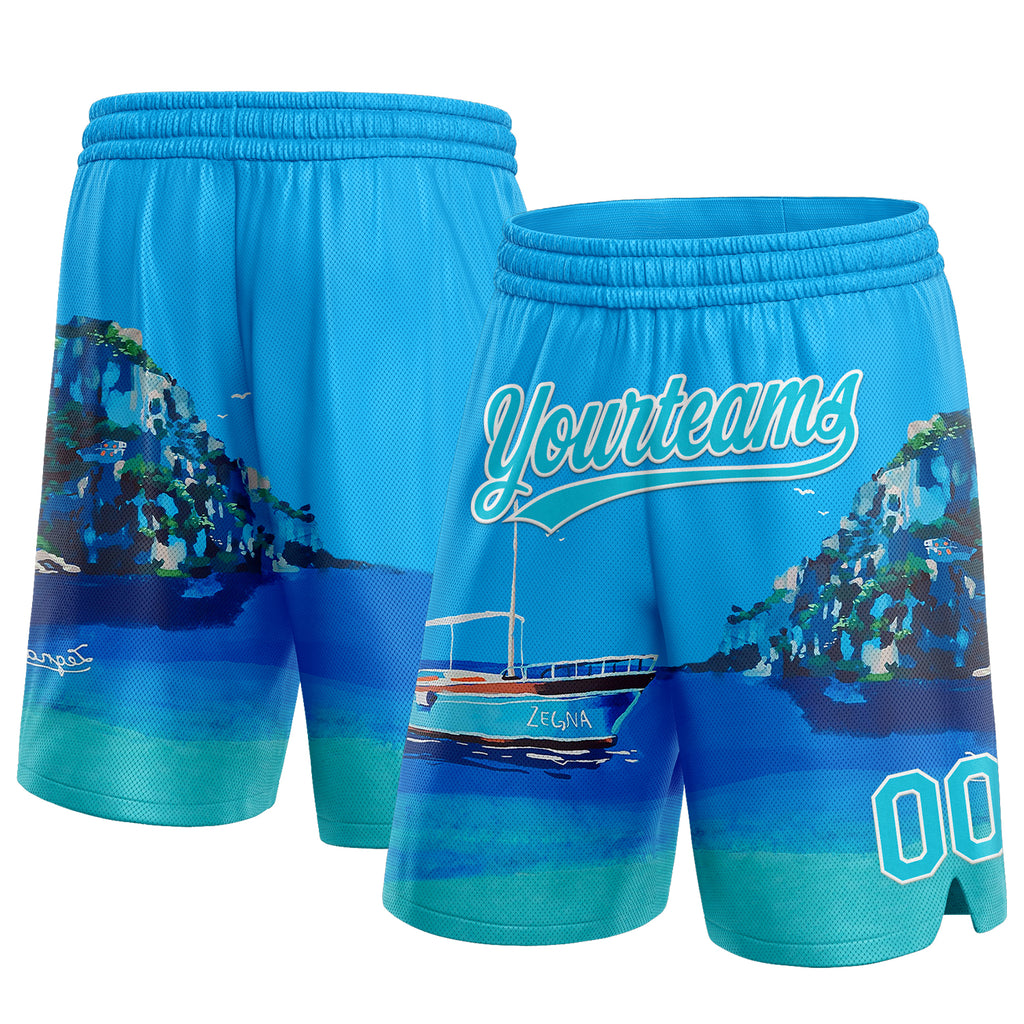 Custom Light Blue Lakes Blue-White 3D Pattern Hawaii Beach Island And Ship Authentic Basketball Shorts