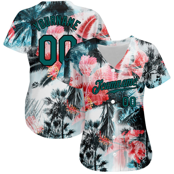 Custom White Midnight Green-Black 3D Pattern Design Hawaii Palm Trees Authentic Baseball Jersey