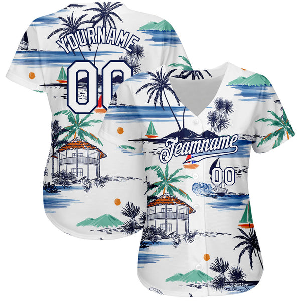 Custom White Navy 3D Pattern Design Hawaii Palm Trees Island And Sailboat Authentic Baseball Jersey