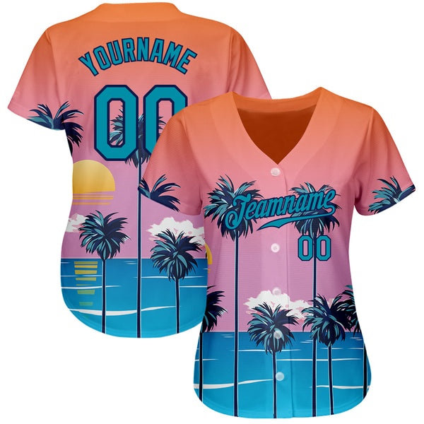 Custom Orange Teal-Navy 3D Pattern Design Sun Beach Hawaii Palm Trees Authentic Baseball Jersey