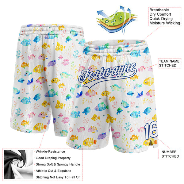 Custom White Royal 3D Pattern Fish Authentic Basketball Shorts