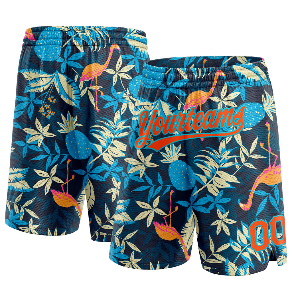 Custom Black Orange-Lakes Blue 3D Pattern Hawaii Palm Leaves And Flamingo Authentic Basketball Shorts