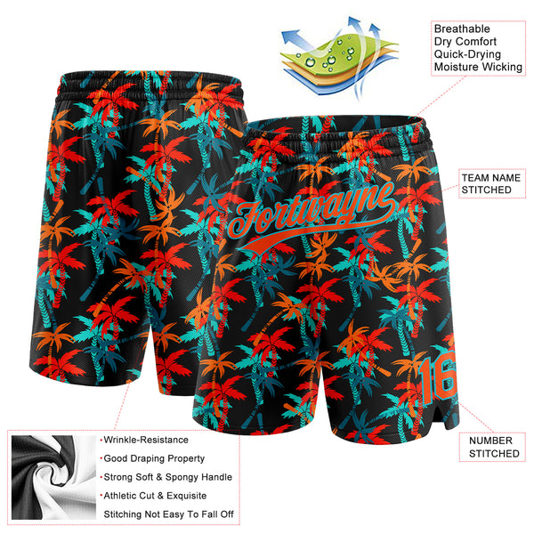Custom Black Orange-Lakes Blue 3D Pattern Hawaii Coconut Palms Authentic Basketball Shorts