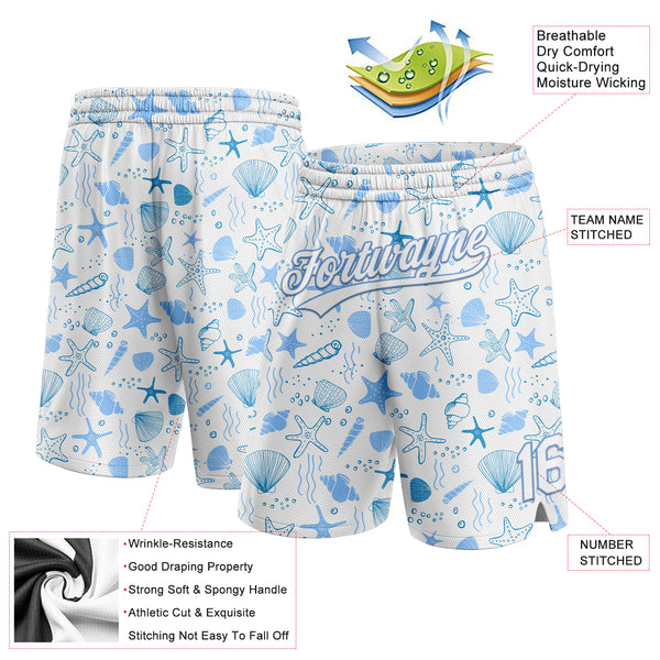 Custom White Light Blue 3D Pattern Starfishs And Shells Authentic Basketball Shorts