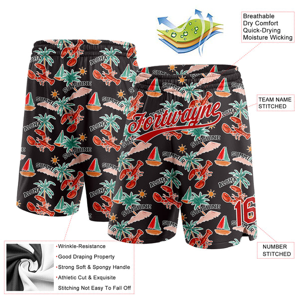 Custom Black Red-White 3D Pattern Sun Beach Hawaii Palm Trees And Lobster Authentic Basketball Shorts