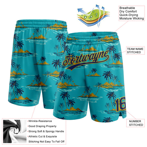 Custom Teal Navy-Yellow 3D Pattern Hawaii Palm Trees And Island Authentic Basketball Shorts