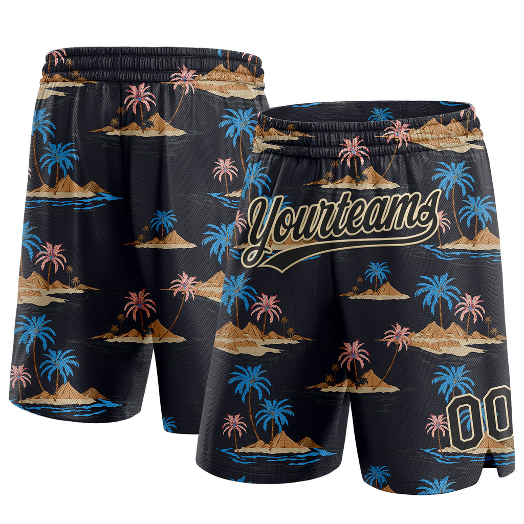 Custom Black City Cream 3D Pattern Hawaii Palm Trees And Island Authentic Basketball Shorts