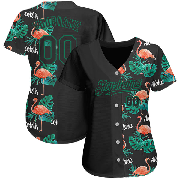 Custom Black Kelly Green 3D Pattern Design Hawaii Flamingos And Leaves Authentic Baseball Jersey