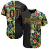 Custom Black Old Gold 3D Pattern Design Hawaii Tropical Pineapples, Palm Leaves And Flowers Authentic Baseball Jersey