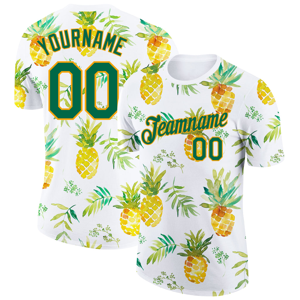 Custom White Kelly Green-Gold 3D Pattern Design Pineapples Performance T-Shirt