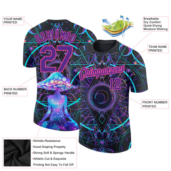 Custom Black Purple-Pink 3D Pattern Design Magic Mushrooms Over Sacred Geometry Psychedelic Hallucination Performance T-Shirt