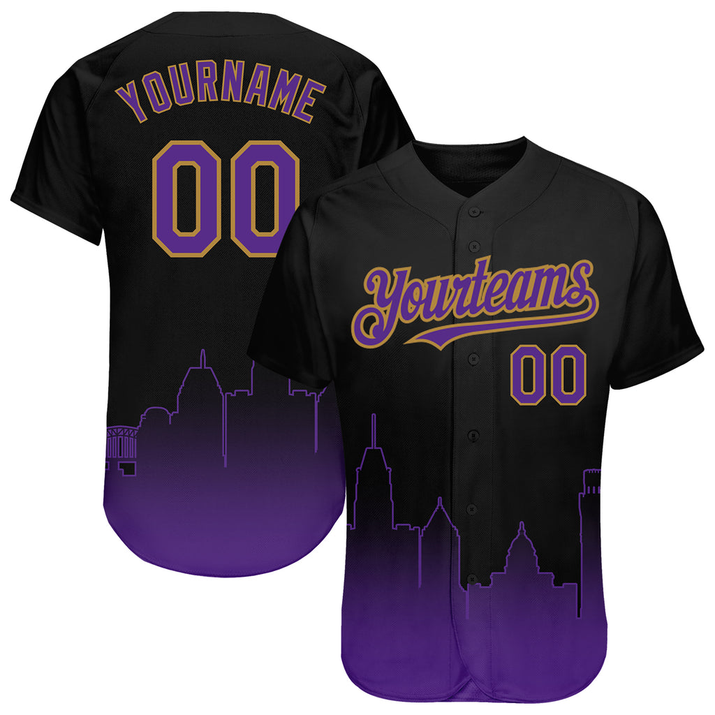 Custom Black Purple-Old Gold 3D Baltimore City Edition Fade Fashion Authentic Baseball Jersey