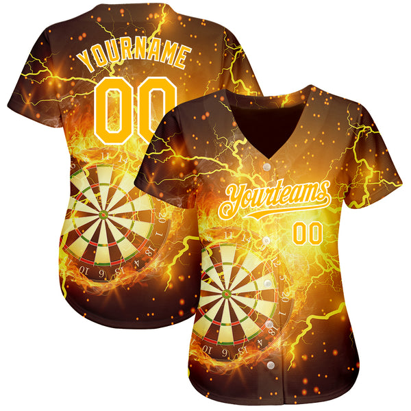 Custom Black Gold-White 3D Pattern Design Lightning Flame Dart Board Authentic Baseball Jersey