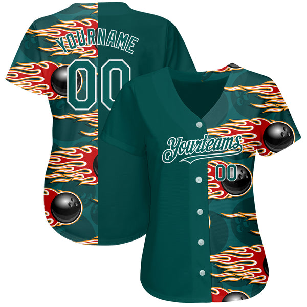 Custom Midnight Green White 3D Pattern Design Bowling Ball With Hotrod Flame Authentic Baseball Jersey