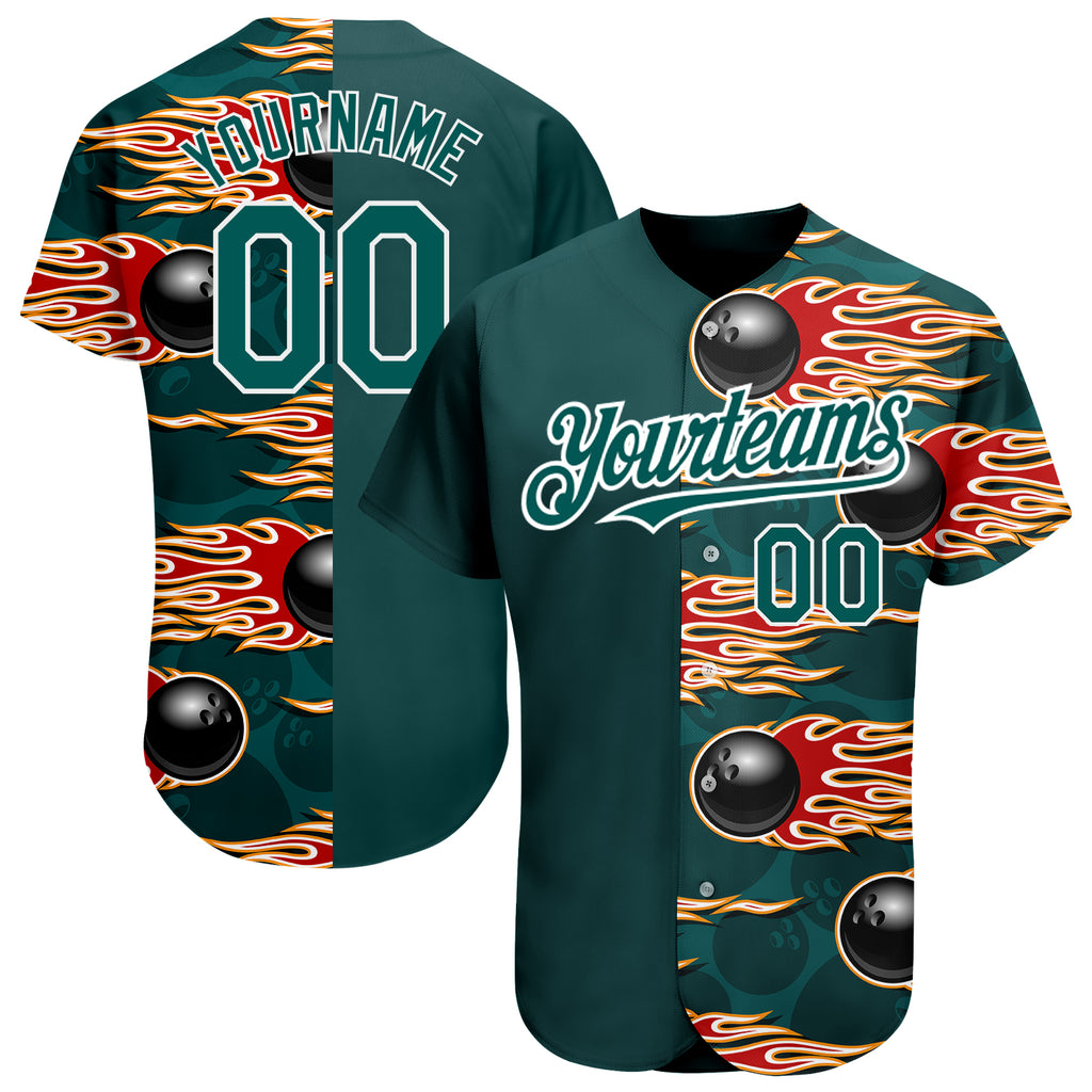 Custom Midnight Green White 3D Pattern Design Bowling Ball With Hotrod Flame Authentic Baseball Jersey