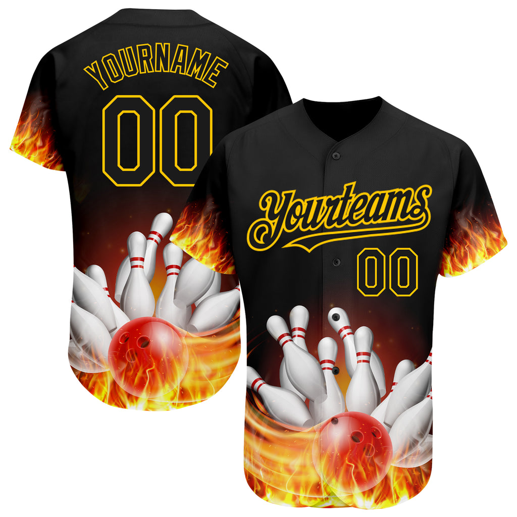 Custom Black Gold 3D Pattern Design Flame Bowling Authentic Baseball Jersey