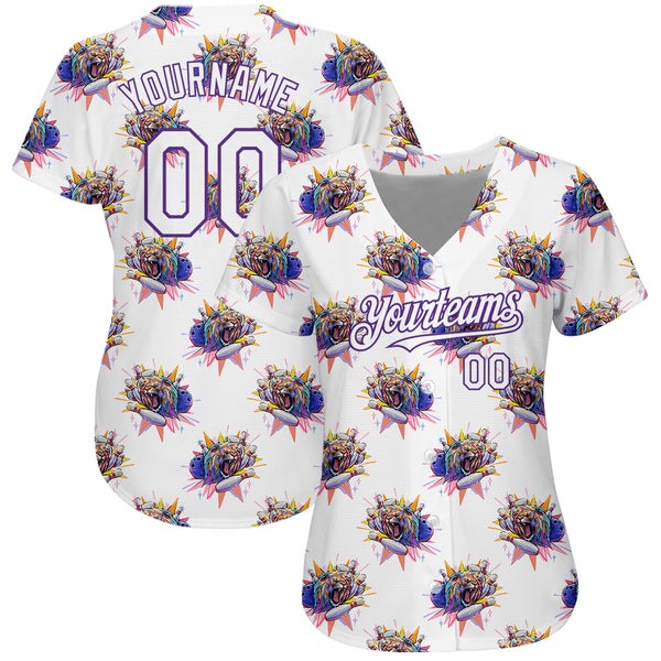 Custom White Purple 3D Pattern Design Growling Lion Among The Bowling Authentic Baseball Jersey