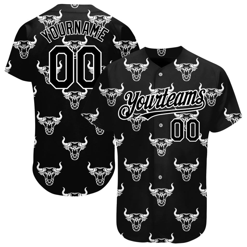 Custom Black White 3D Pattern Design Ox Authentic Baseball Jersey