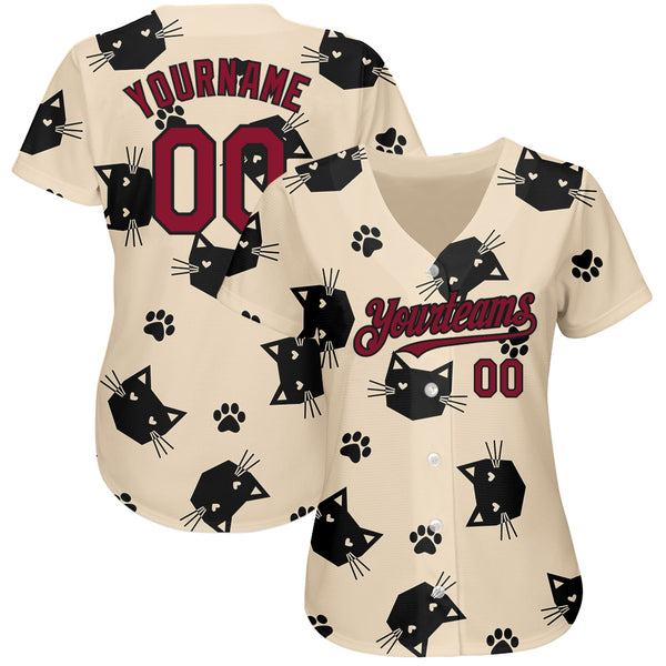 Custom Cream Crimson-Black 3D Pattern Design Cat Authentic Baseball Jersey